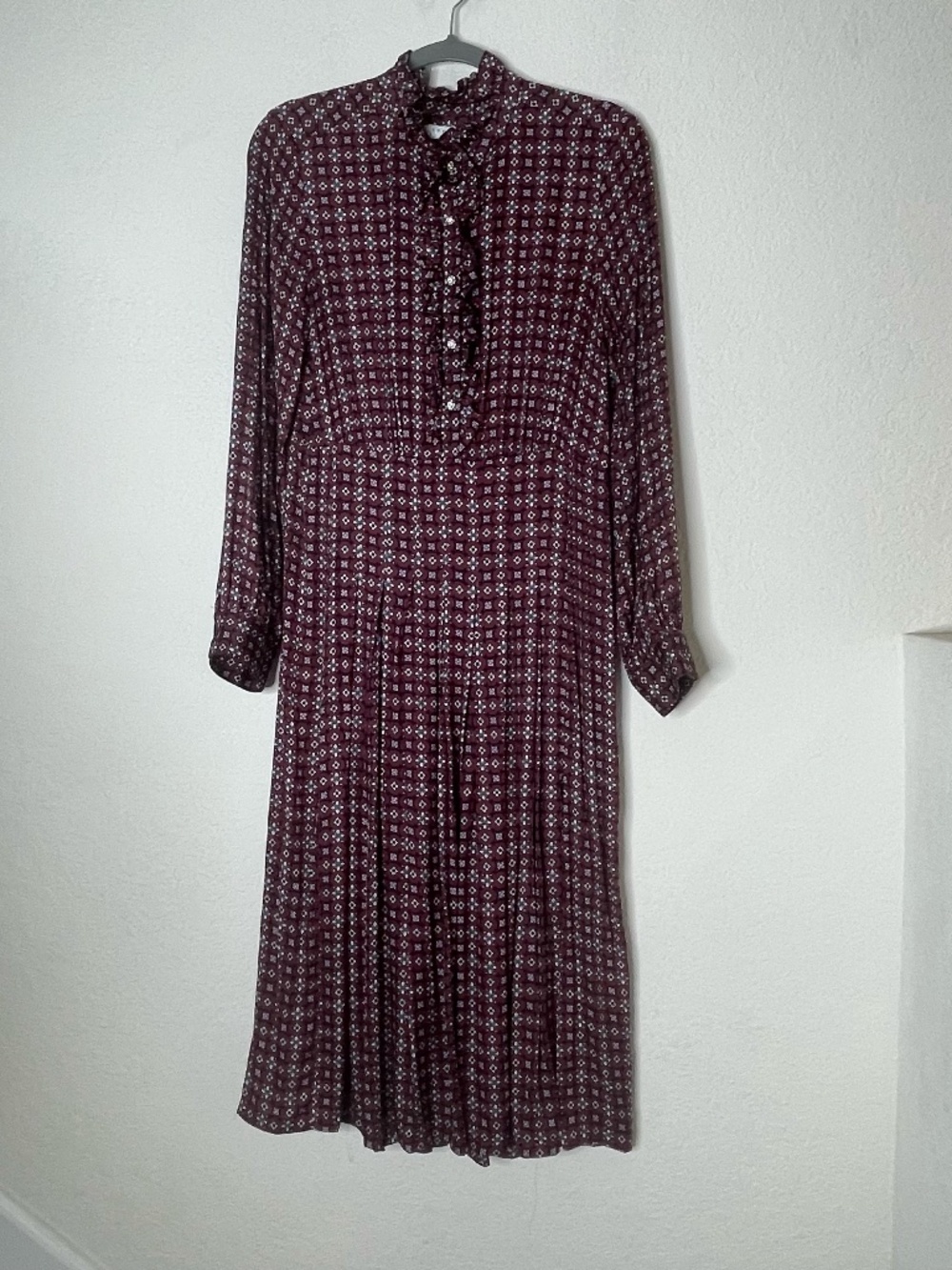 Sandro Paris Burgundy Floral Midi Dress Size 42 USM/L Ruffle Neck Long Sleeve